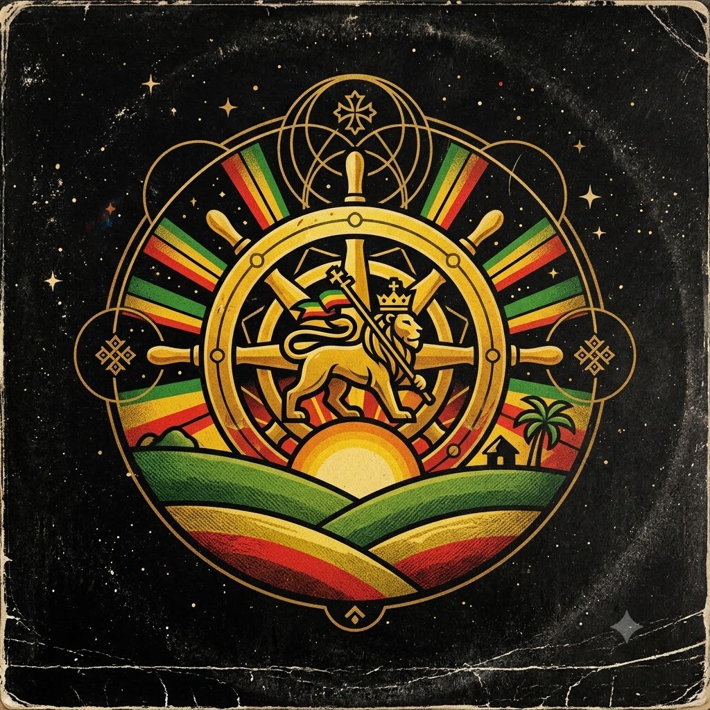 Zion Cluster cover art: a golden Lion of Judah striding across a rasta-banded ship helm over green hills