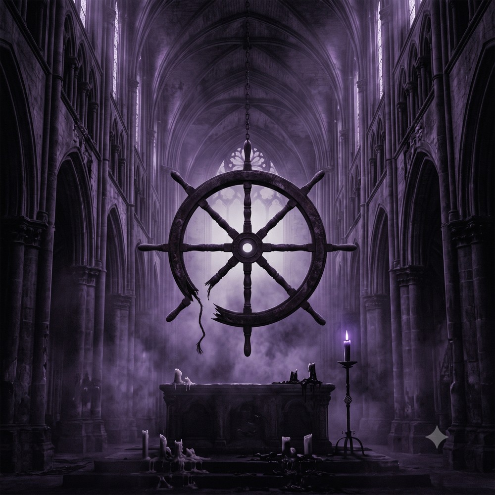 Missa Nigra cover: a broken ship's wheel hanging in a ruined cathedral, lit cold violet