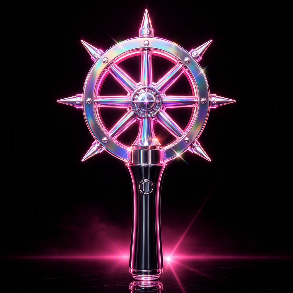 Desired State cover: the Helmlight, a holographic seven-spoked wheel lightstick glowing hot pink
